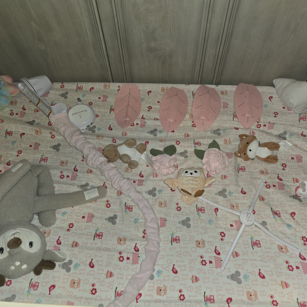Charming Pink and Gray Baby Mobile with Plush Animals